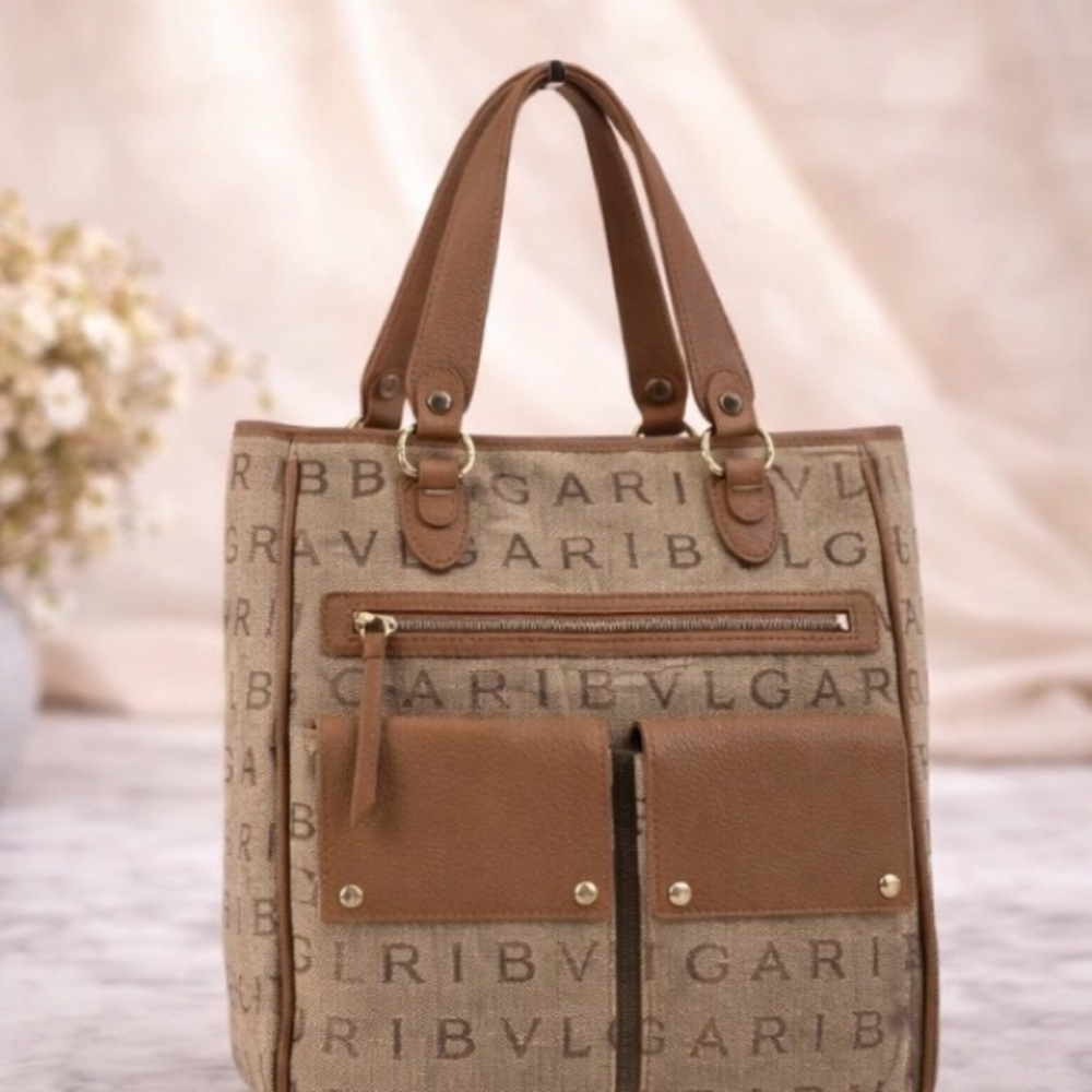 BVLGARI Monogram Canvas Tote Bag Brown Leather Trim Y2K Vintage Designer Bag COA